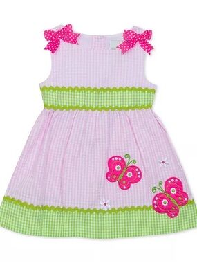 Rare Editions Dress Gingham Seersucker Butterfly Pink Green 12M